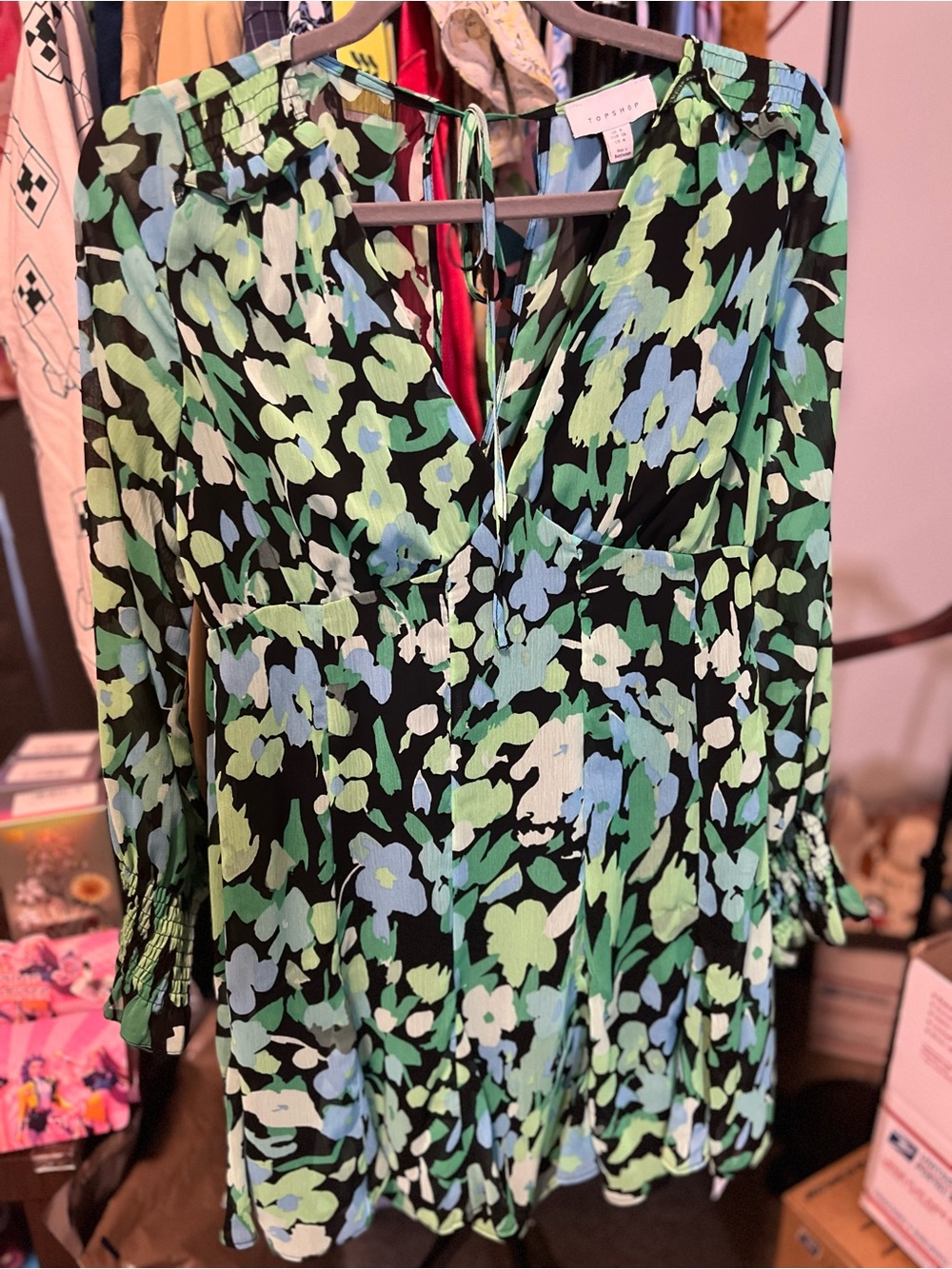 Topshop V-Neck Green and Blue Floral Long Sleeve Dress